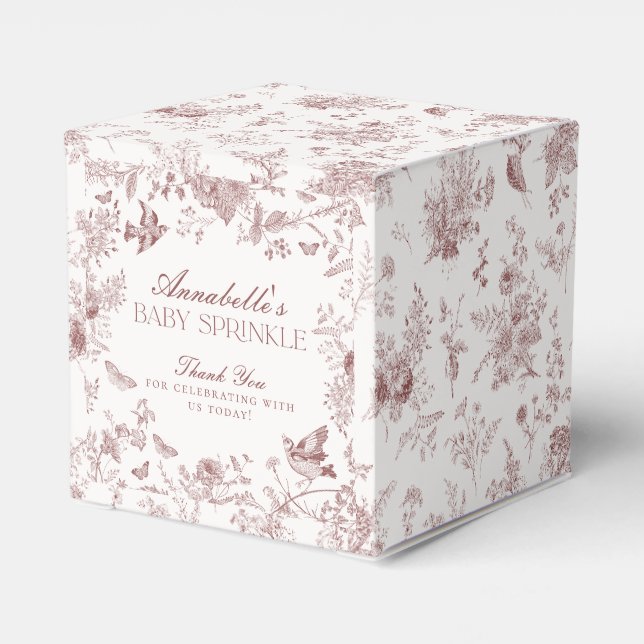 Burgundy Toile Jouy Floral Baby Sprinkle Gevor Box Geschenkschachtel (Rückseite)