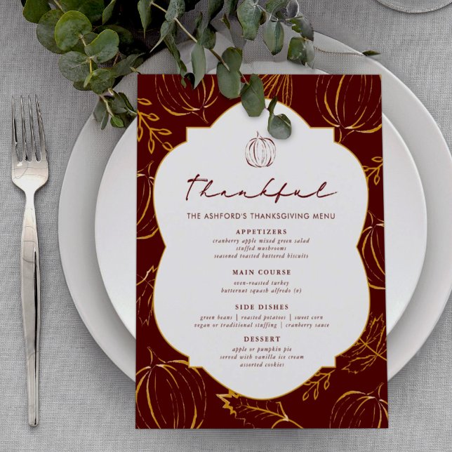Burgundy Tolles Pumpkins & Blätter Erntedank Menükarte (Von Creator hochgeladen)