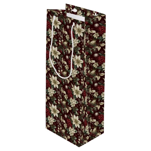Burgundy Traditional Christmas Floral Geschenktüte Für Weinflaschen (Vorderseite Schrägansicht)