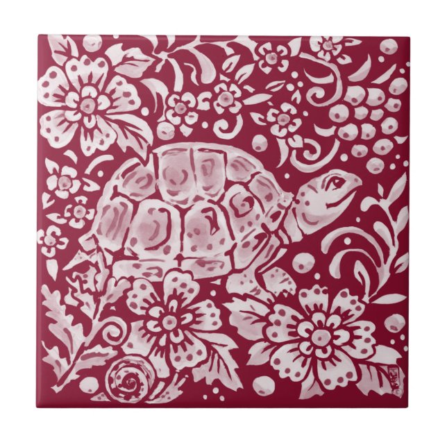 Burgundy Turtle Snail Floral Forest Garden Tier  Fliese (Vorderseite)