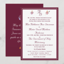 Burgundy Two Hearts Catholic Wedding  Invitation