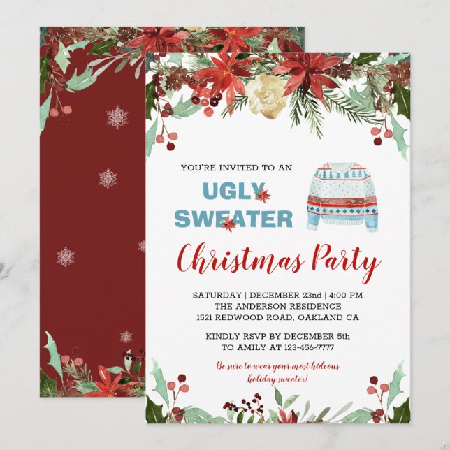 Burgundy Ugly Sweater Weihnachtseinladung Einladung (Vorne/Hinten)