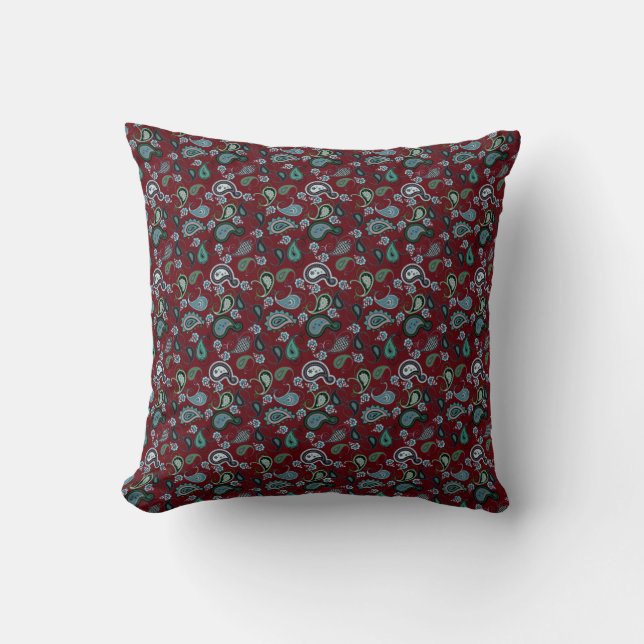 Burgundy und Aqua Boho Paisley Throw Kissen (Vorderseite)