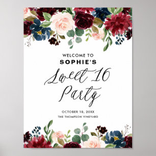 Burgundy- und Blaue Blumengirlande Sweet Sixteen Poster