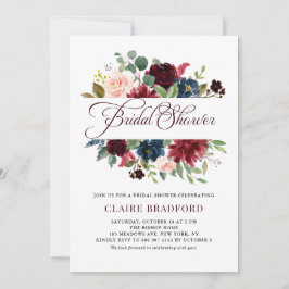 Burgundy und Blue Floral Frame Fall Brautparty Einladung