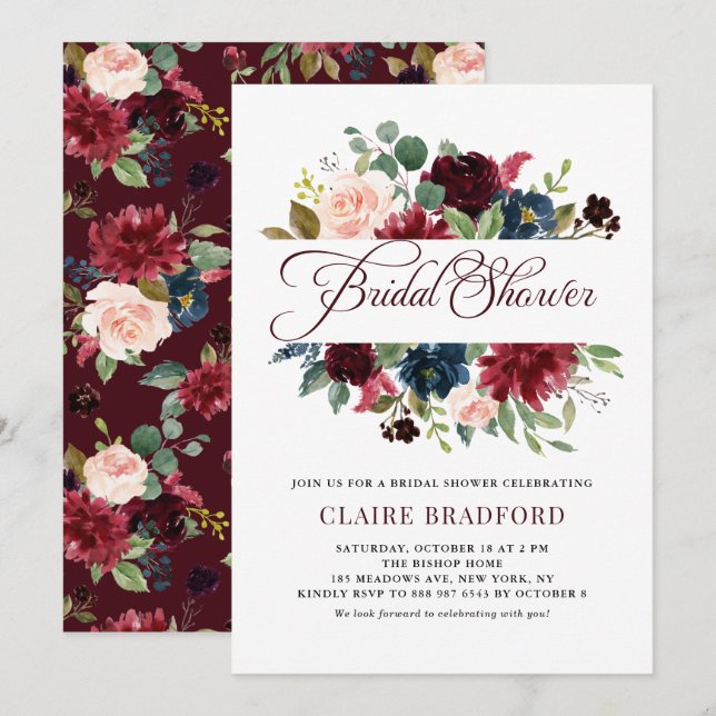Burgundy und Blue Floral Frame Fall Brautparty Einladung (Vorne/Hinten)