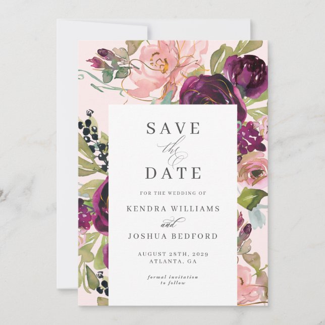 Burgundy und Blush Floral Wedding Save the Date (Vorderseite)