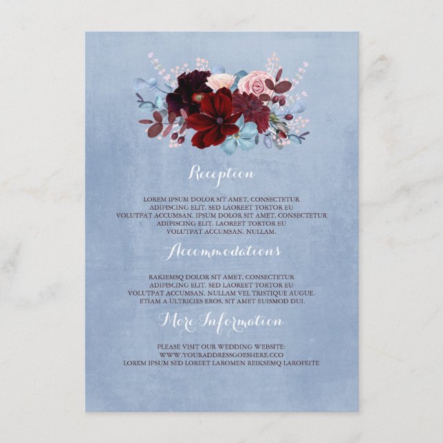 Burgundy und Dusty Blue Wedding Information Guest Begleitkarte (Vorderseite)