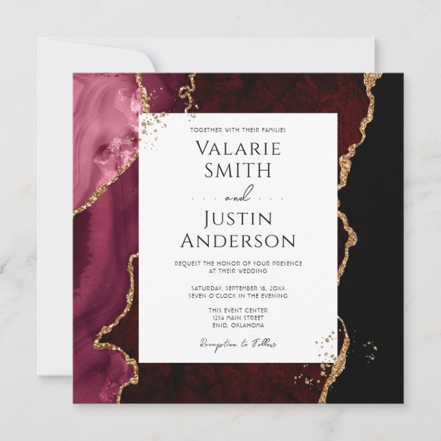 Burgundy und Gold Agate Stone Wedding Einladung (Vorderseite)