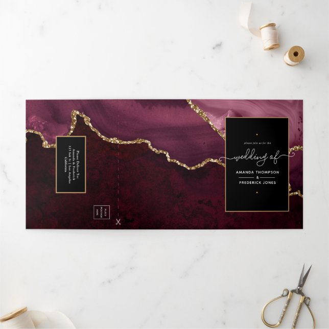 Burgundy und Gold Agate Wedding Dreifach Gefaltete Einladung (Außenbereich)