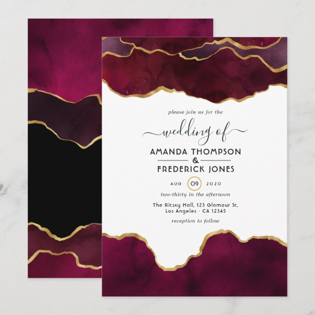 Burgundy und Gold Agate Wedding Einladung (Vorne/Hinten)