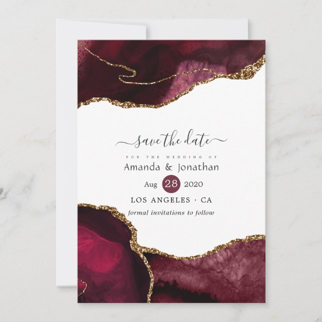 Burgundy und Gold Agate Wedding Save The Date (Vorderseite)