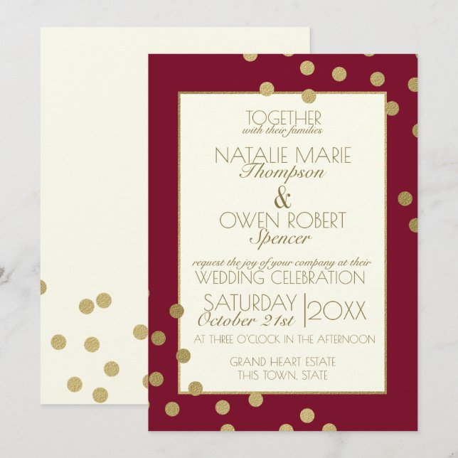 Burgundy und Gold Confetti Dots Wedding Einladung (Vorne/Hinten)