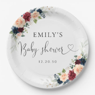 Burgundy und Navy Baby Shower Paper Plate Pappteller