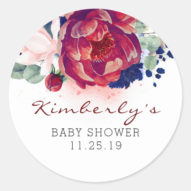 Burgundy und Navy Blue Floral Baby Dusche Runder Aufkleber (Vorderseite)