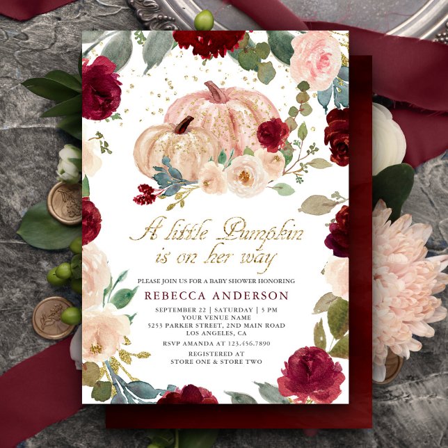 Burgundy und Peach Floral Pumpkin Baby Dusche Einladung (Von Creator hochgeladen)