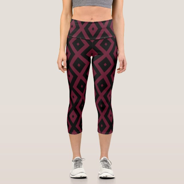 Burgundy- und Schwarz-Diamantmuster Capri Leggings (Vorderseite)