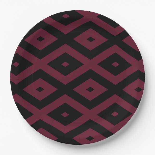 Burgundy- und Schwarz-Diamantmuster Pappteller (Vorderseite)