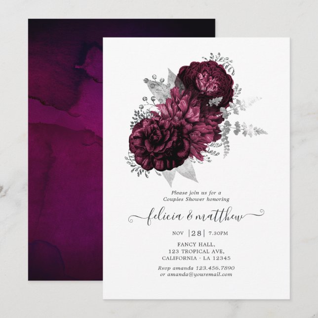 Burgundy und Silver Floral Couples Dusche Einladung (Vorne/Hinten)