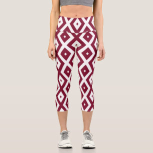 Burgundy und weißes Diamantmuster Capri Leggings