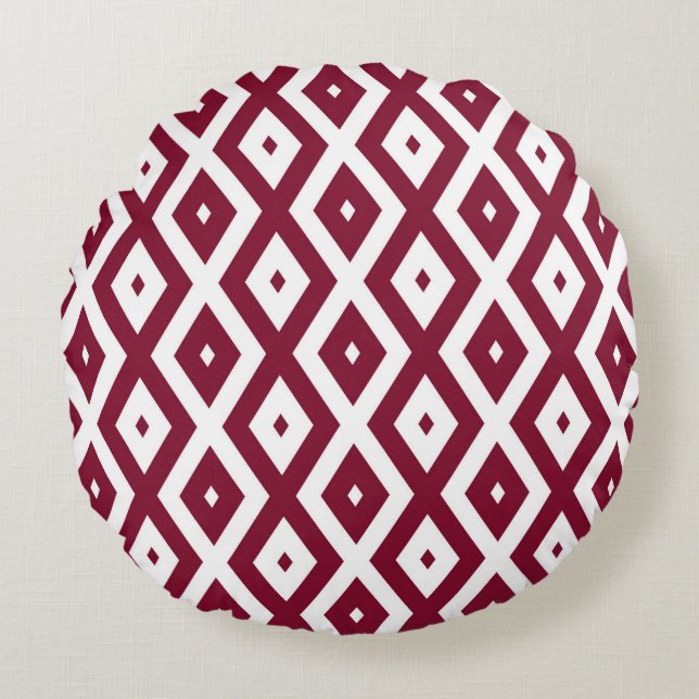 Burgundy und weißes Diamantmuster Rundes Kissen (Vorderseite)