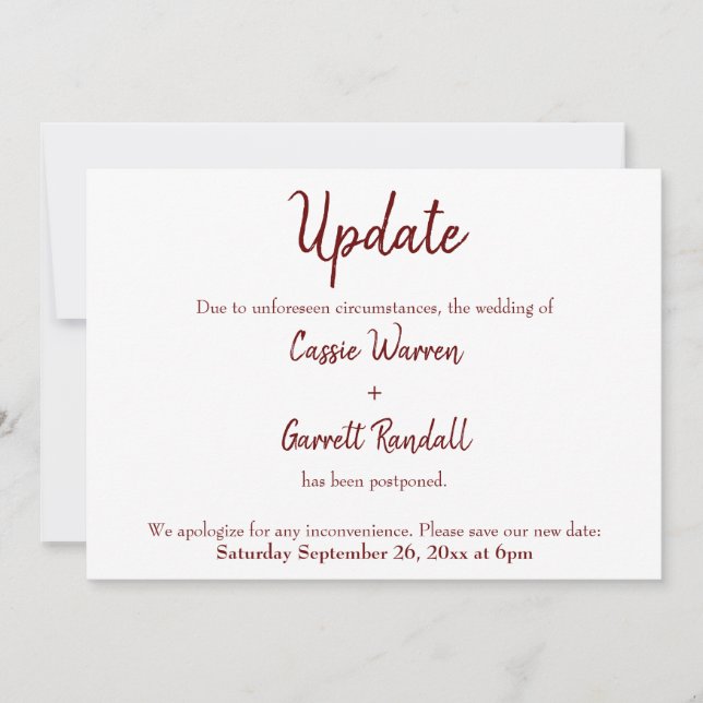 Burgundy "Update" Zurückgezogene Hochzeitkarte Einladung (Vorderseite)