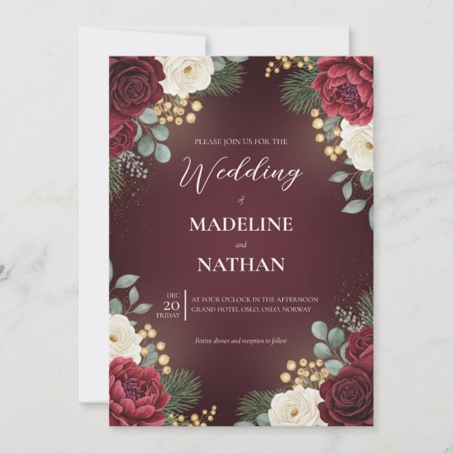 Burgundy Velvet Floral Christmas Wedding Einladung (Vorderseite)