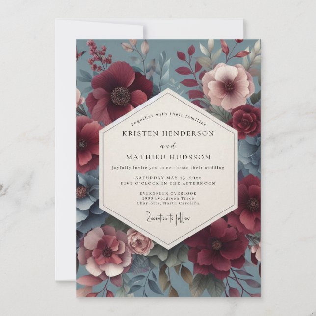 Burgundy Victorian Bloom Wedding Einladung (Vorderseite)