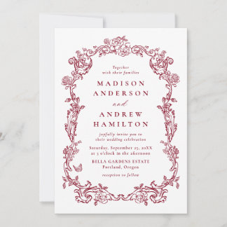 Burgundy Victorian Floral All in One Wedding Einladung