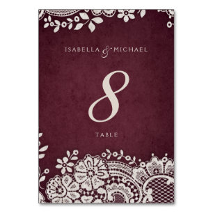 Burgundy Vintage Spitze rustikale Hochzeitskarte Tischnummer