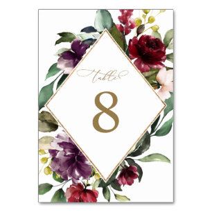 Burgundy Violet Blume & Goldrahmen Hochzeit Tischnummer