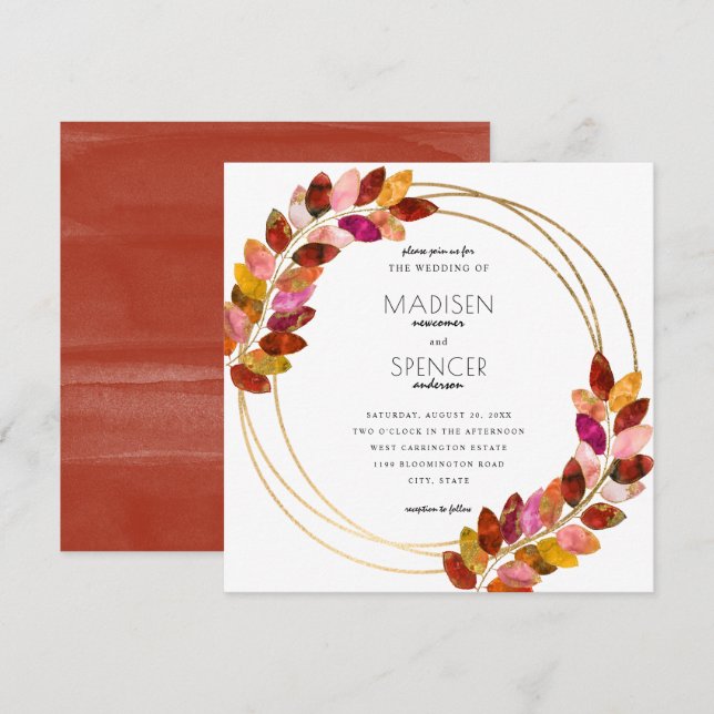 Burgundy Watercolor Blätter Gold Wedding Einladung (Vorne/Hinten)