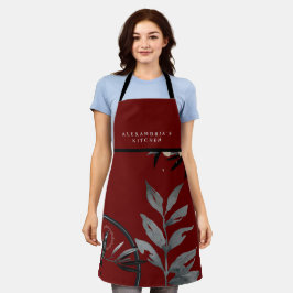 Burgundy Watercolor Blätter + Ihr Name Küche Schürze