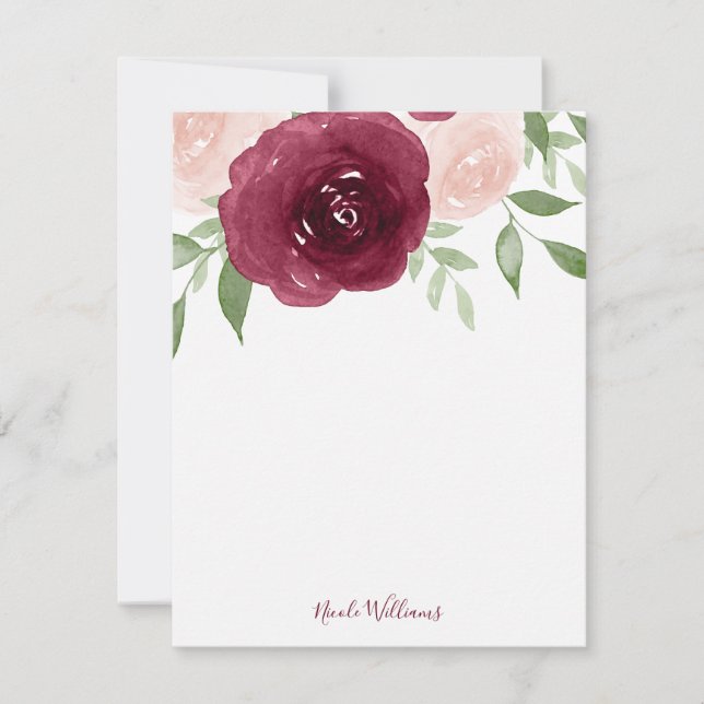 Burgundy Watercolor Bloral Personalisiert Mitteilungskarte (Vorderseite)