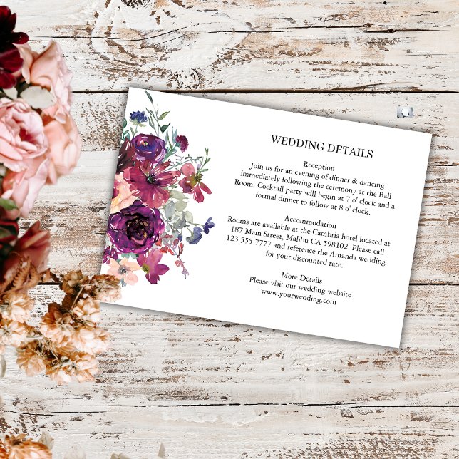 Burgundy Watercolor Blume Boho Wedding Details Begleitkarte (Von Creator hochgeladen)