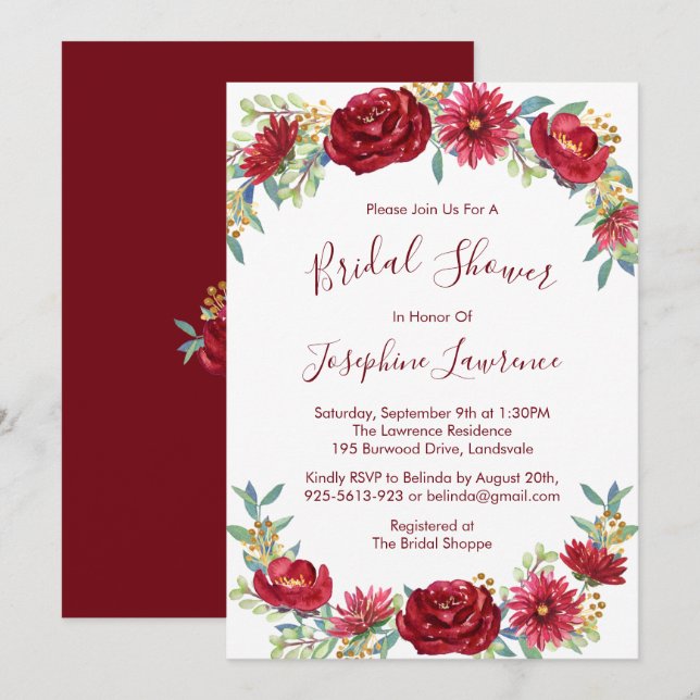 Burgundy Watercolor Blume Brautparty Einladung (Vorne/Hinten)