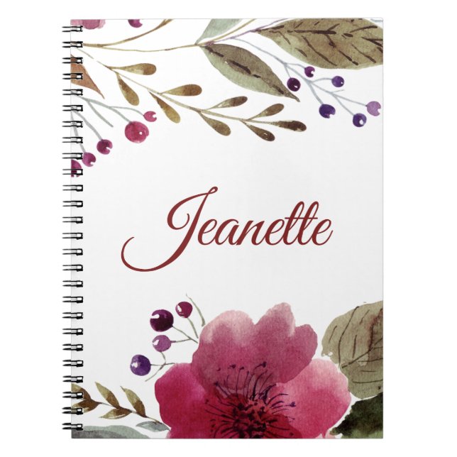 Burgundy Watercolor-Blume Mit Monogramm Notizblock (Vorderseite)