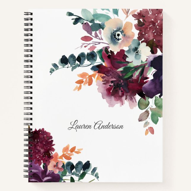Burgundy Watercolor Blumenladen mit Ihrem Namen Notizbuch (Vorderseite)