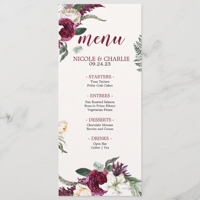 Burgundy Watercolor | Blumenmenü zum Hochzeitsesse Menükarte (Vorderseite)