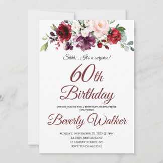 Burgundy Watercolor Floral 60. Überraschung Geburt Einladung
