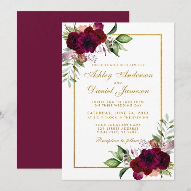 Burgundy Watercolor Floral Boho Gold Wedding Einladung (Vorne/Hinten)