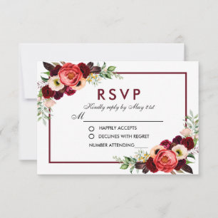Burgundy Watercolor Floral Boho Wedding RSVP