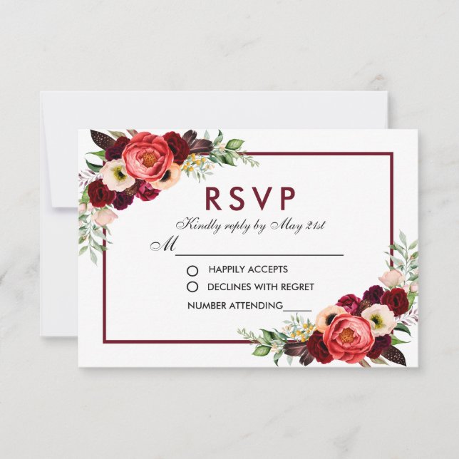 Burgundy Watercolor Floral Boho Wedding RSVP (Vorderseite)