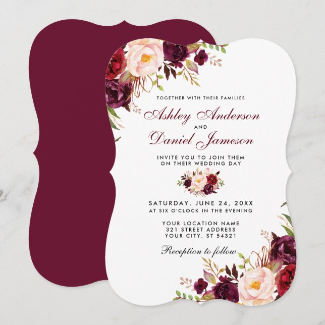 Burgundy Watercolor Floral Bracket Wedding Einladung (Vorne/Hinten)