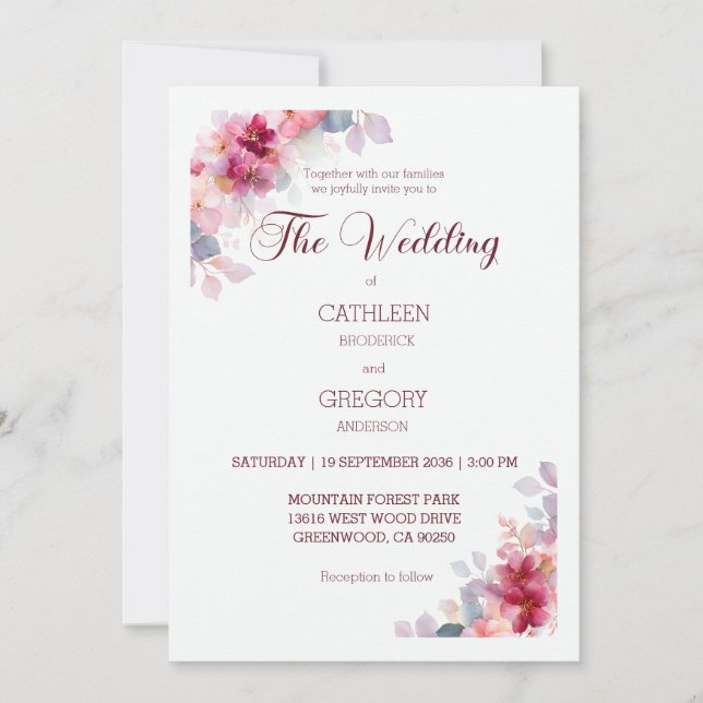 Burgundy Watercolor Floral Calligraphy Wedding Einladung (Vorderseite)