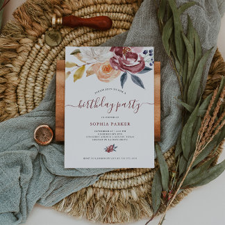 Burgundy Watercolor Floral | Geburtstagspartei Einladung