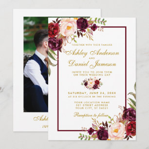 Burgundy Watercolor Floral Gold Foto Hochzeit Einladung