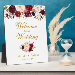 Burgundy Watercolor Floral Gold Wedding Fotoplatte