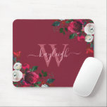 Burgundy Watercolor Floral Mousepad<br><div class="desc">Burgundy watercolor botanical peony rose floral on bordo personalized monogrammed Mouse Pad. Burgundy, marsala, white watercolor peony roses, botanical floral design with dark green leaves and berries on burgundy, bordo, or wine red background. Feature an elegant swirly handwritten typography design with your name, monogram and pretty burgundy, white peony roses...</div>