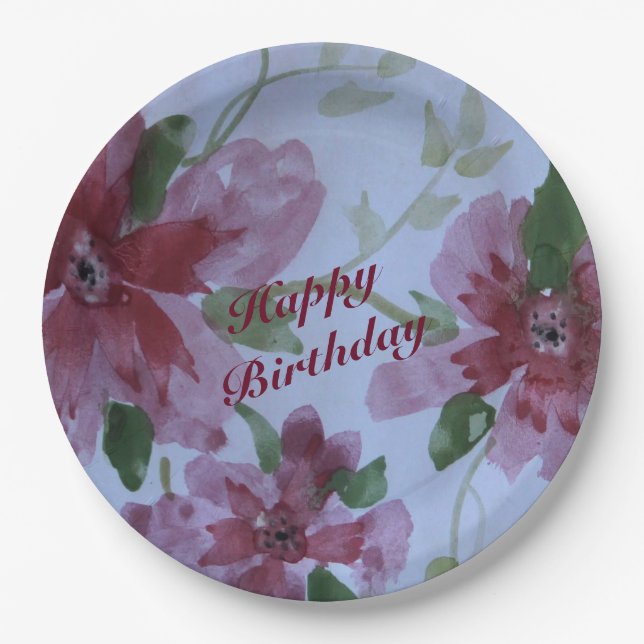 Burgundy Watercolor Floral Pattern Pappteller (Vorderseite)